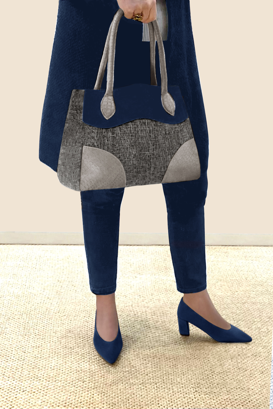 Dark grey and navy blue women's dress handbag, matching pumps and belts. Worn view - Florence KOOIJMAN
